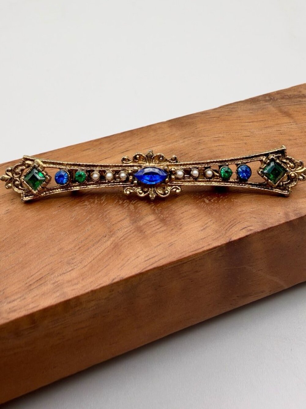 VTG Gold Tone Bar Brooch Blue Green Rhinestone Victorian Revival Art Nouveau